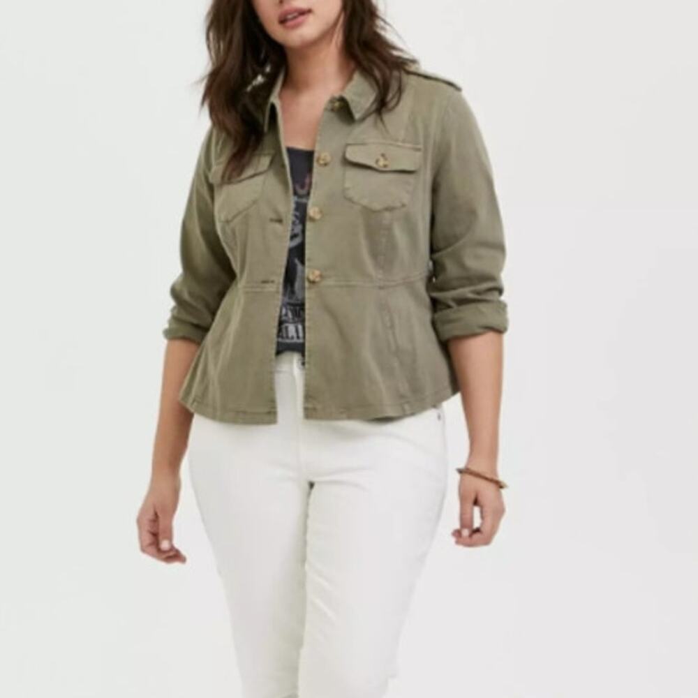 Torrid Twill Peplum Utility Jacket Women's 2X Army Green Button Front Stretch